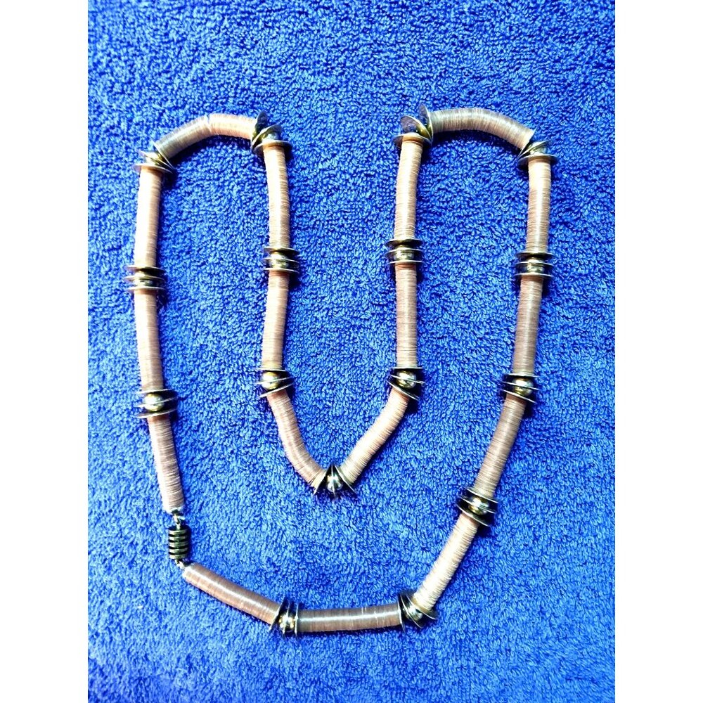 Vintage-Inspired Wooden Bead & Gold-Tone Metal Coil Necklace With Barrel Clasp